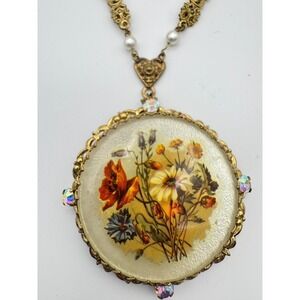 Vtg West Germany Necklace Floral Pendant AB Rhinestone Spring Flowers